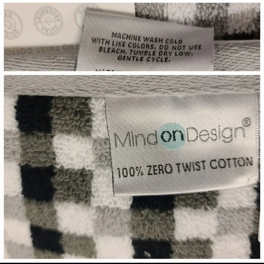 2pc Mind on Design Black White Geo Check Zero Twist Cotton Hand Towel Set NEW